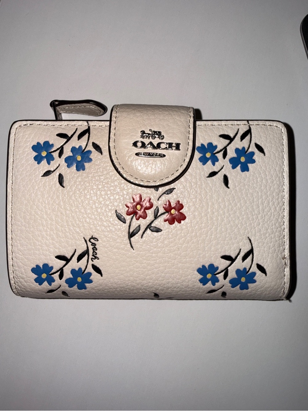 Coach Cream Floral Leather Small Wallet with Blue & Red Accents